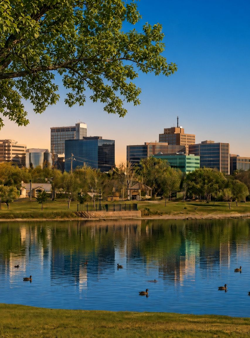 Downtown Midland, Texas skyline across a park pond on a clear evening